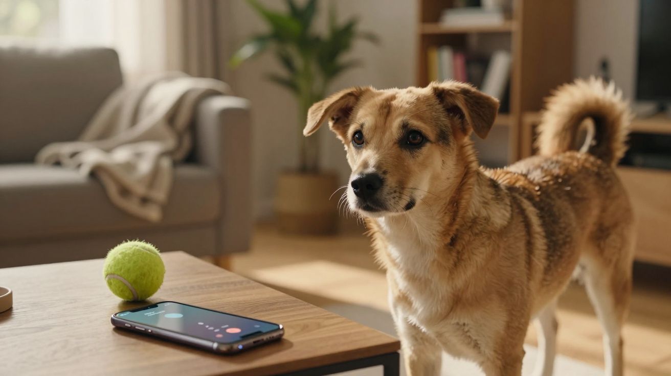 Pies stojący przy stole z piłką tenisową i telefonem w przytulnym salonie.