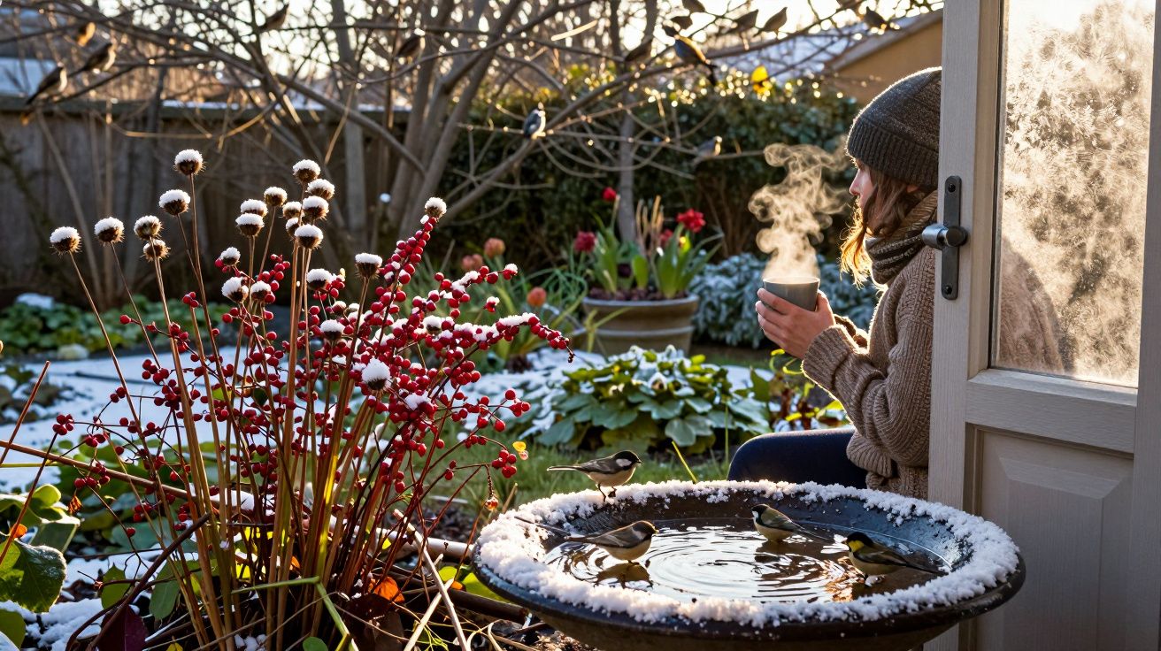 Kobieta w zimowej czapce z kubkiem siedzi przy otwartych drzwiach ogrodu z ptakami przy zimowej misce z wodą.