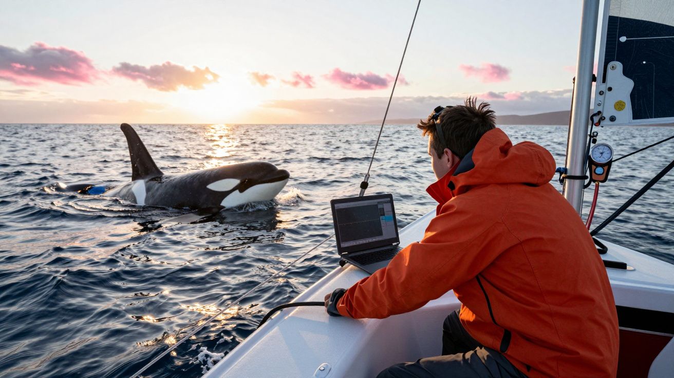 Mężczyzna na łodzi z laptopem obserwuje orek pływającego o zachodzie słońca.