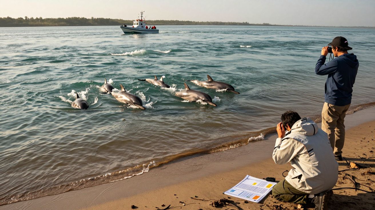 Grupa delfinów pływa blisko brzegu, dwóch mężczyzn robi im zdjęcia lornetką na plaży, w tle łódź.