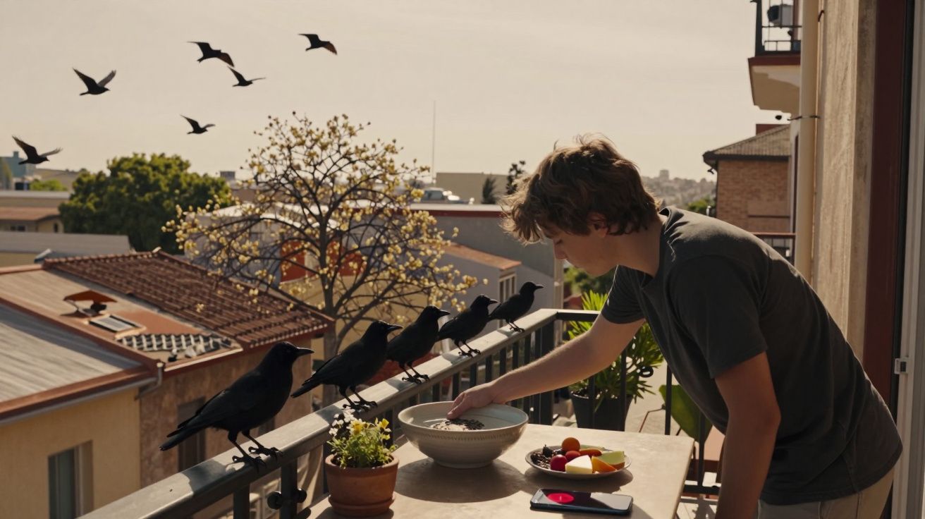 Chłopak karmiący wrony na balkonie w słoneczny dzień z widokiem na miasto i latającymi ptakami.