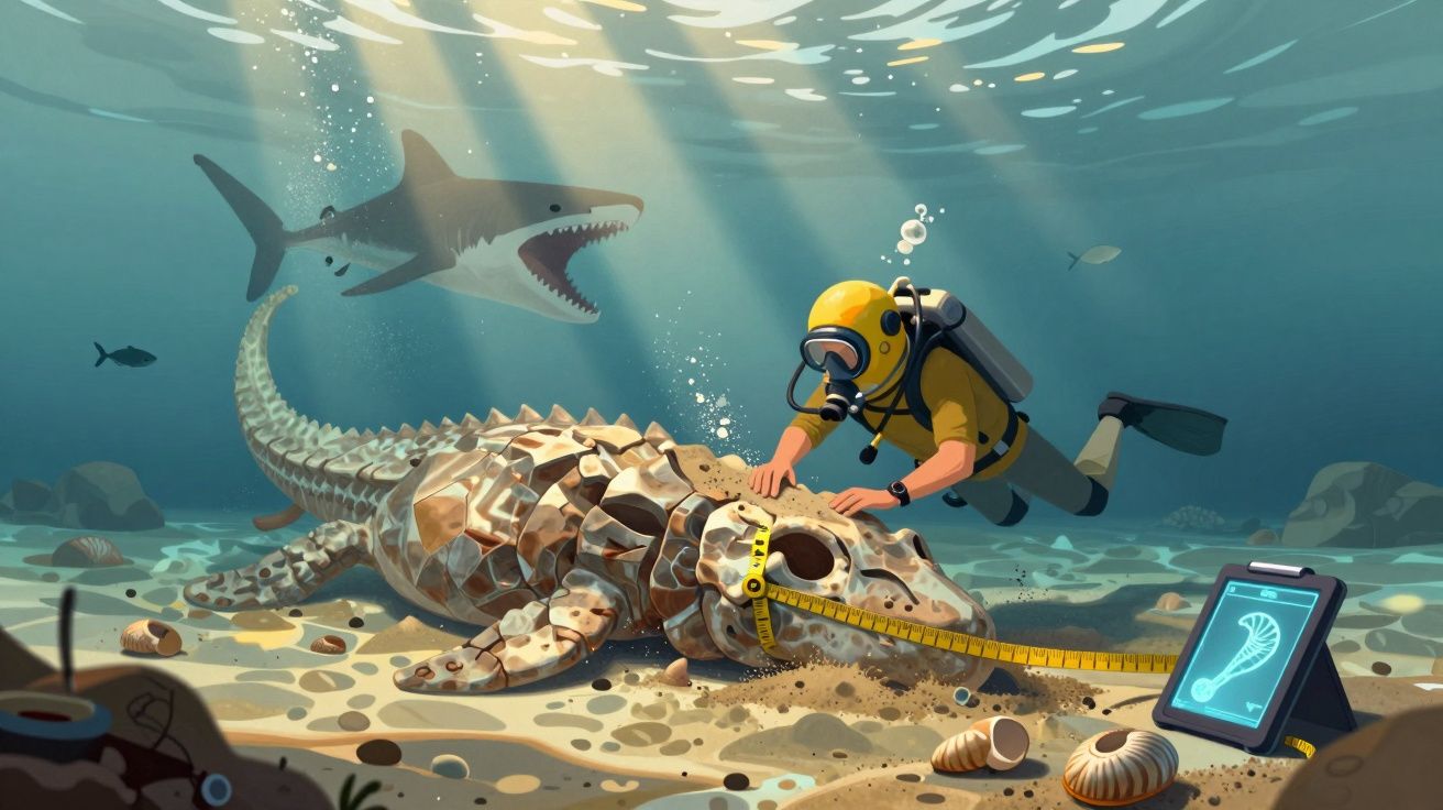 Nurek mierzy skamieniały szkielet prehistorycznego krokodyla pod wodą, rekin w tle.