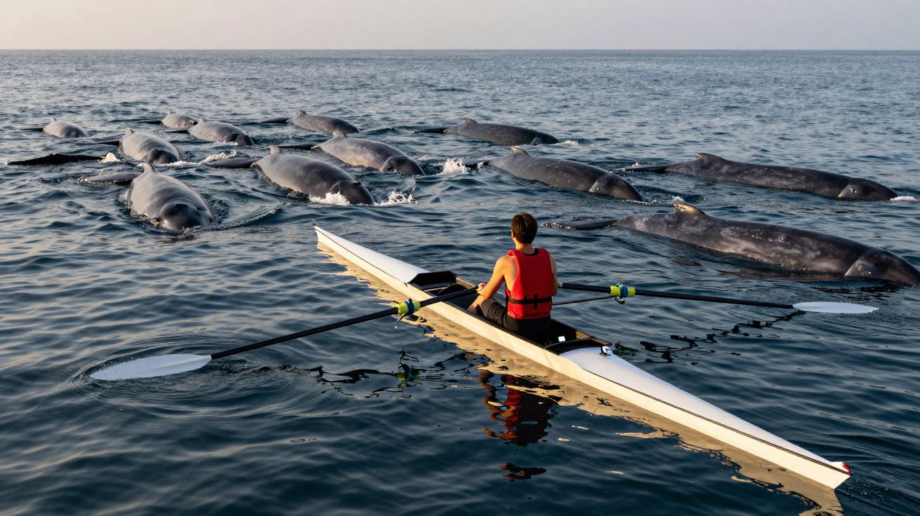 Wioślarz na łodzi otoczony przez stado wielorybów na spokojnym morzu o zachodzie słońca.