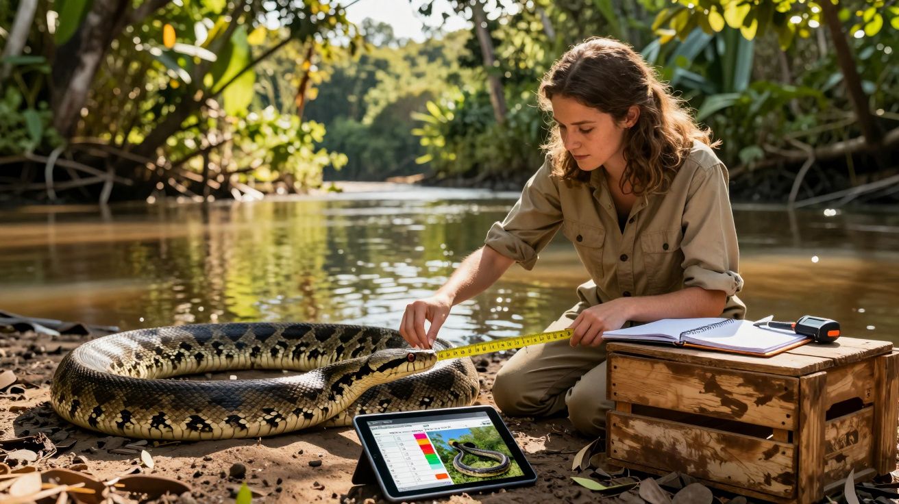 Kobieta mierzy długość dużego węża na brzegu rzeki z tabletem i notatnikiem obok.
