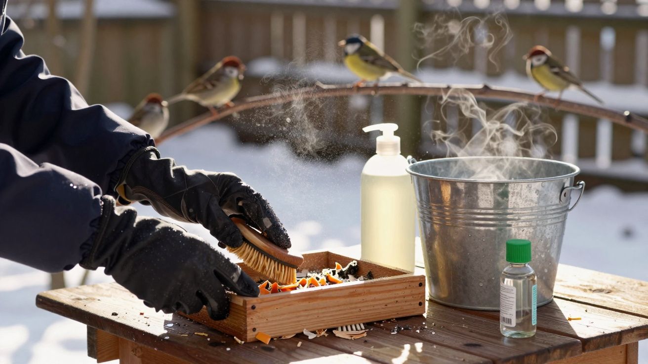 Osoba czyści karmnik dla ptaków zimą, wokół przelatują wróble i sikorki.