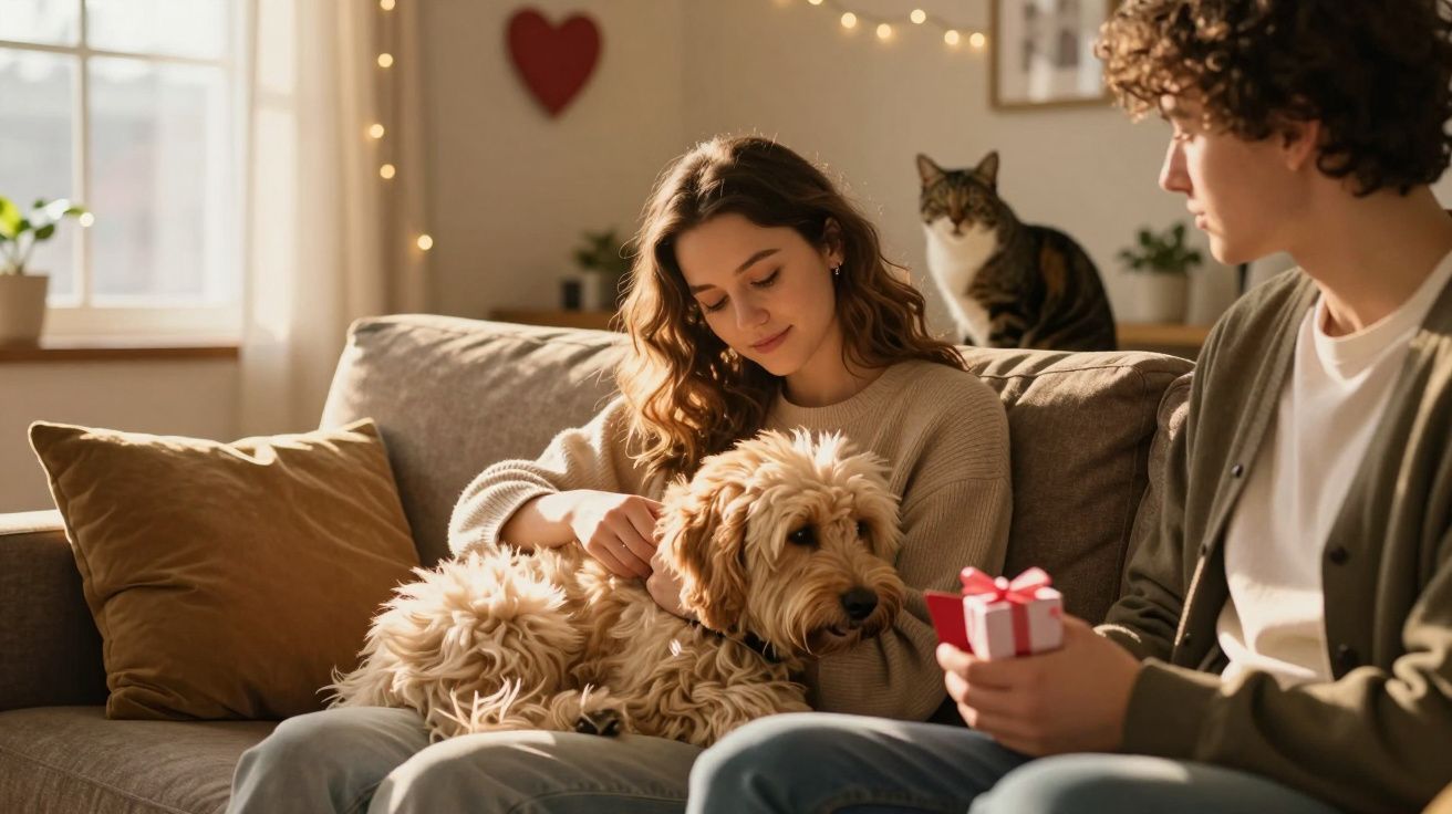 Młoda para na kanapie z psem i kotem, mężczyzna trzyma małe opakowanie na prezent.