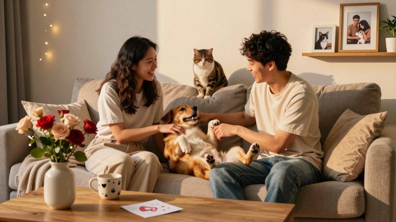 Para bawi się z psem na kanapie, obok siedzi kot, na stole wazon z kwiatami i kubek.