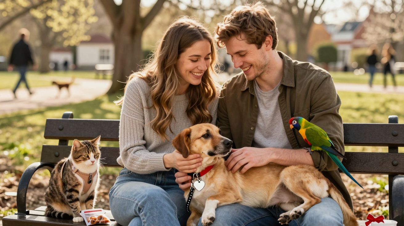 Para siedzi na ławce w parku z psem, kotem i papugą podczas słonecznego dnia.