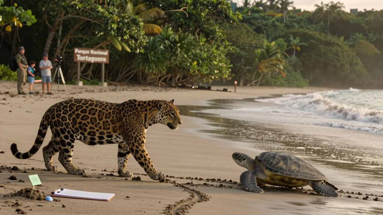 Lampart zbliża się do żółwia na piaszczystej plaży Parku Narodowego Tortuguero w Kostaryce.