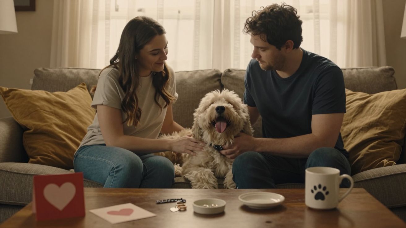 Para siedzi na kanapie i głaszcze szczęśliwego, kudłatego psa w przytulnym salonie.