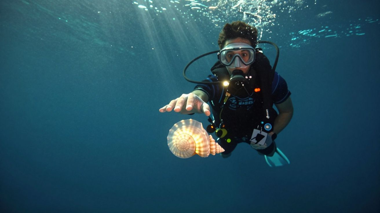 Nurek podwodny w maskach płetwach i aparacie zanurza się z dużą muszlą w ciemnej wodzie.
