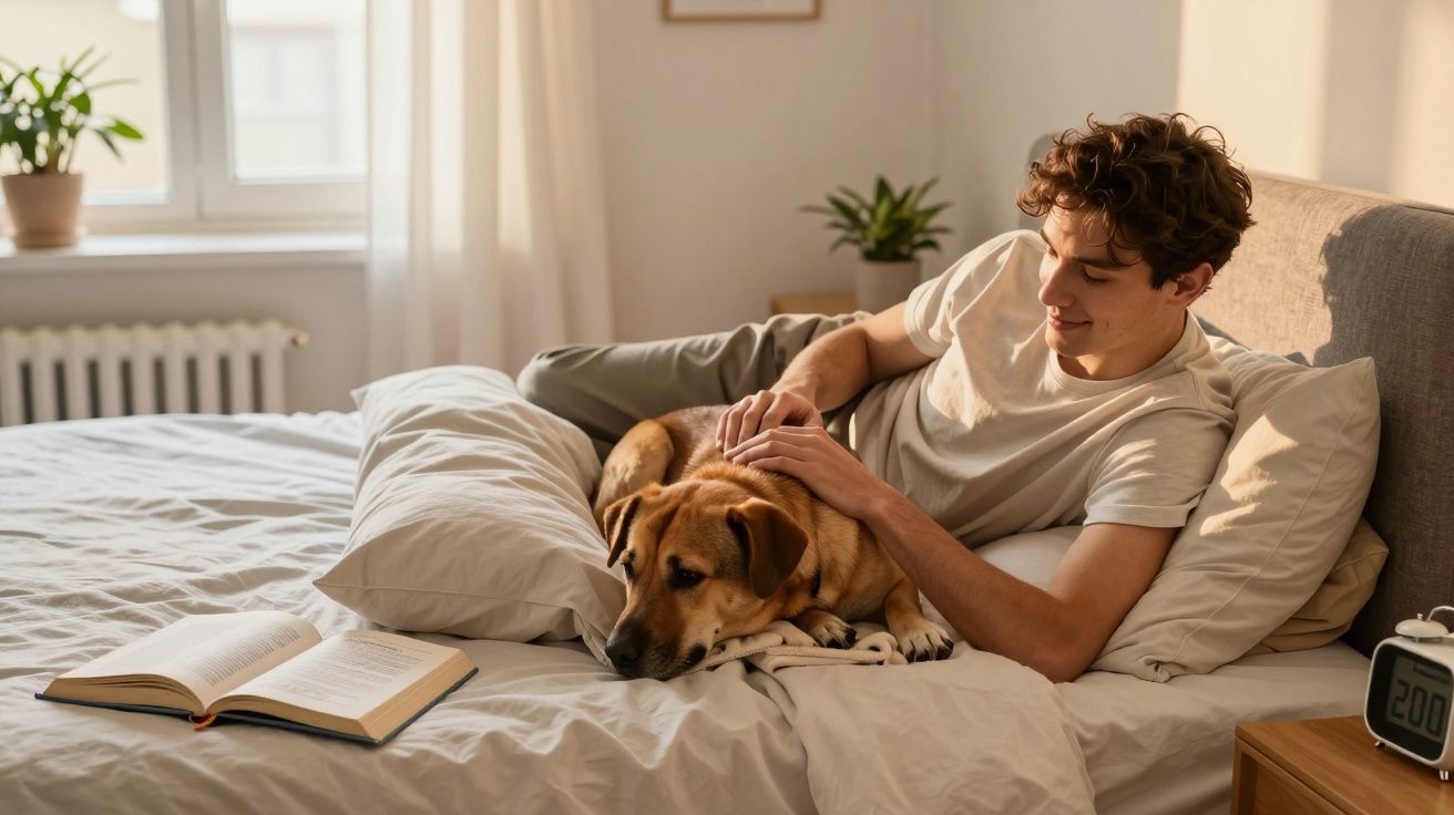 Mężczyzna leży w łóżku i głaszcze psa, obok leży otwarta książka przy oknie z rośliną.