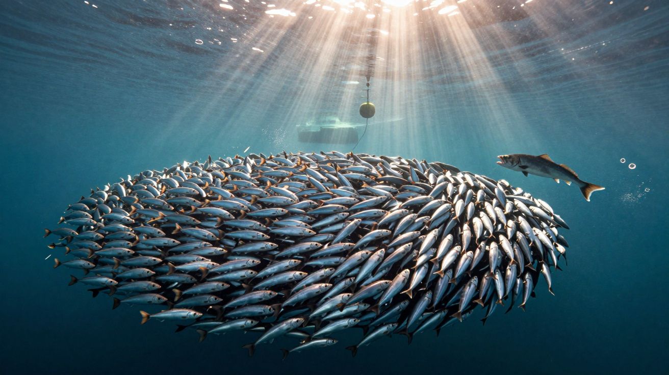 Ławica ryb tworząca zwartą grupę pod wodą oświetloną przez promienie słoneczne.