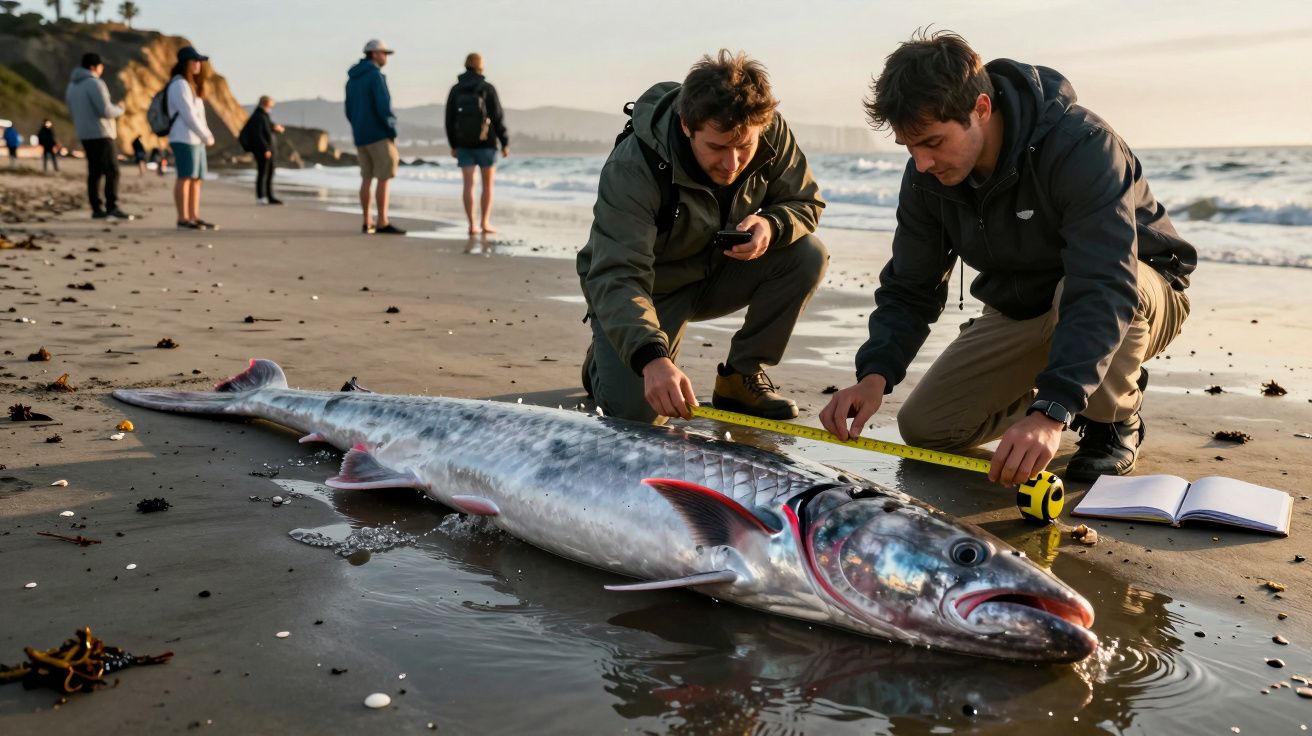 Dwóch mężczyzn mierzy dużą rybę na plaży, w tle ludzie spacerują przy zachodzie słońca.