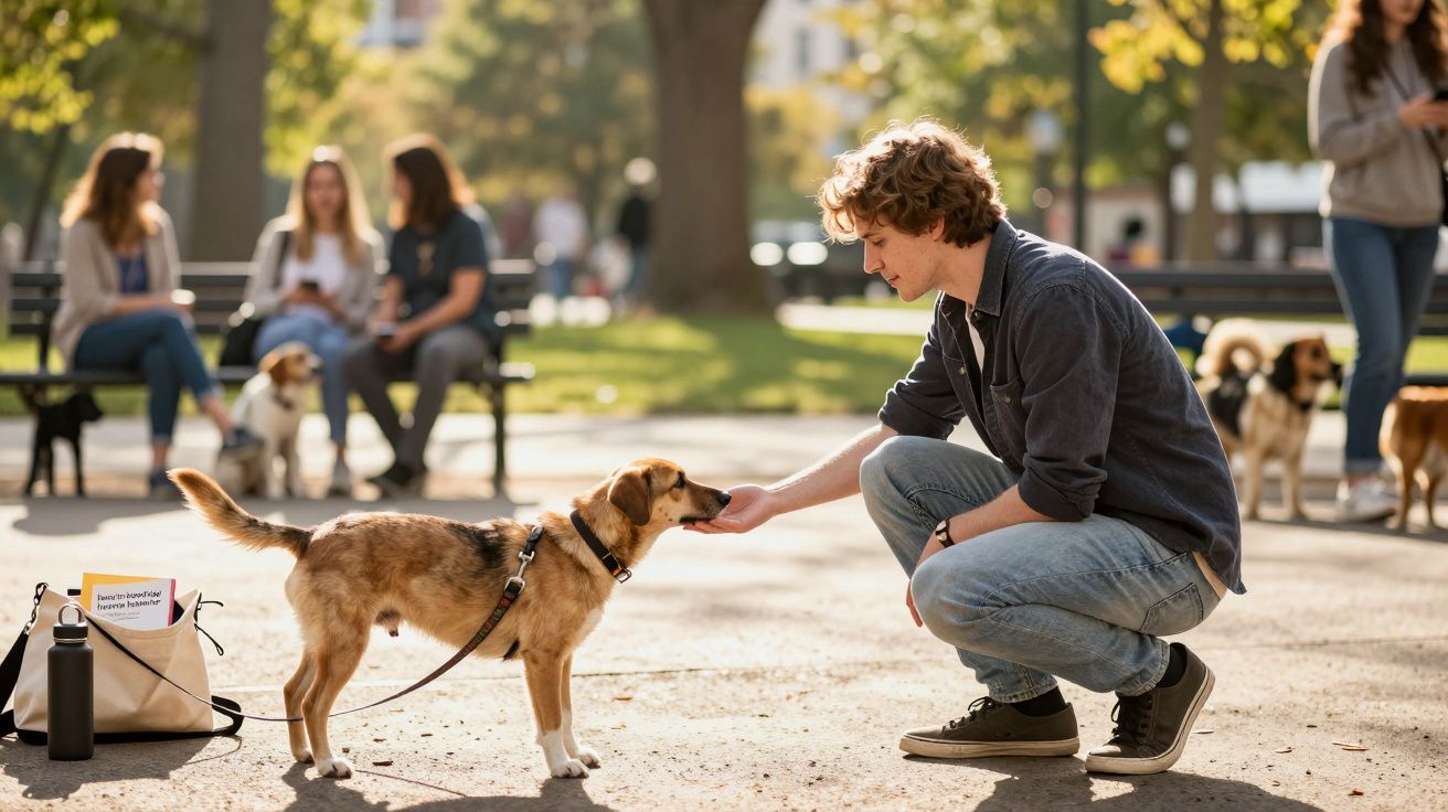 Młody mężczyzna kuca i głaszcze psa na smyczy w parku, w tle ludzie i inne psy siedzą na ławkach.