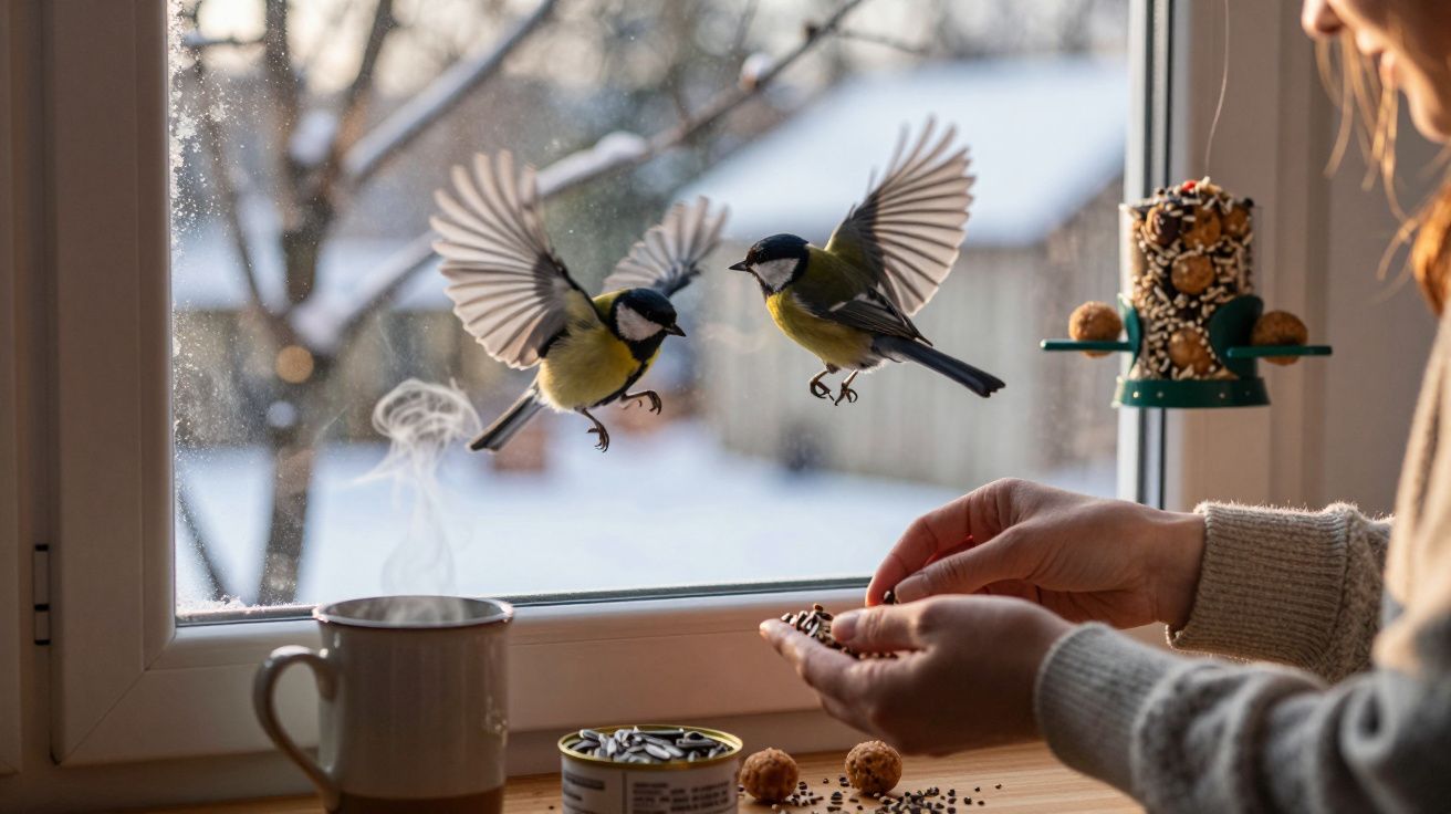 Dwie sikorki lecą do karmnika na oknie, a osoba podaje im ziarna zimą.