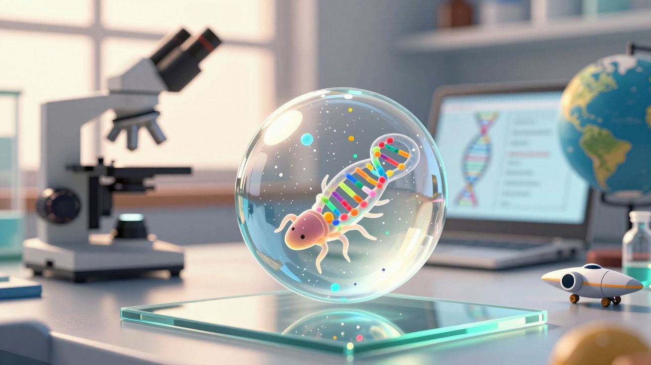 Mikroorganizm z DNA w bańce na stole laboratoryjnym z mikroskopem i laptopem w tle.
