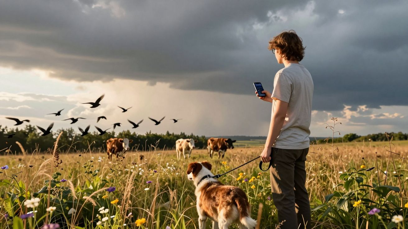 Chłopiec z psem na łące z kwiatami, oglądający lecące ptaki i pasące się krowy pod pochmurnym niebem.