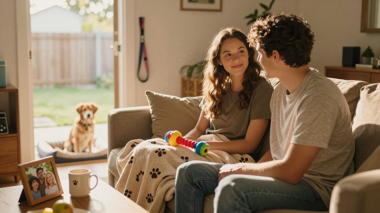 Para siedzi na kanapie w salonie, rozmawiając, w tle pies siedzi na legowisku.