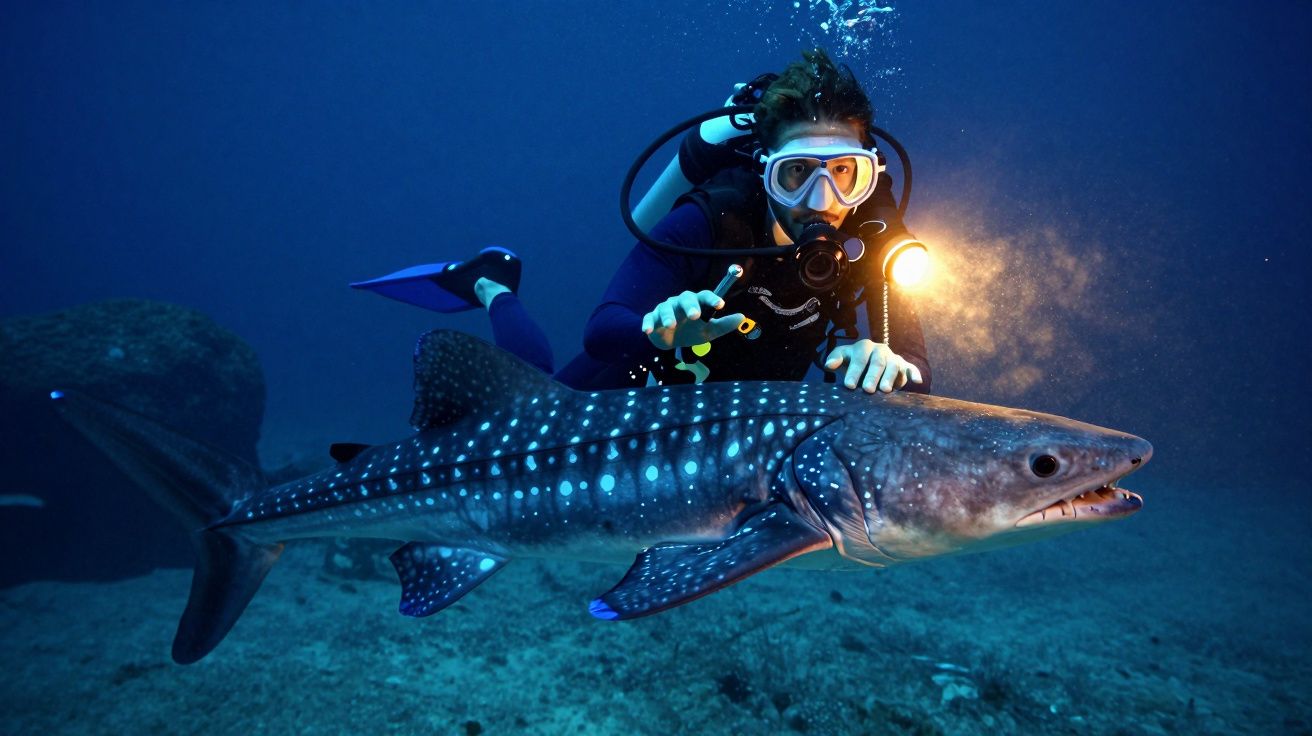 Nurek podwodny płynący obok dużego rekina wielorybiego o biało-niebieskich plamach.