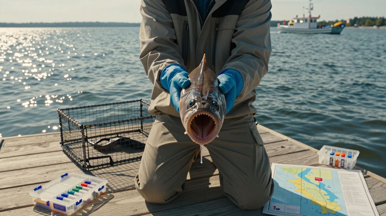 Osoba w rękawiczkach trzyma rybę z otwartymi szeroko ustami na pomoście nad wodą.