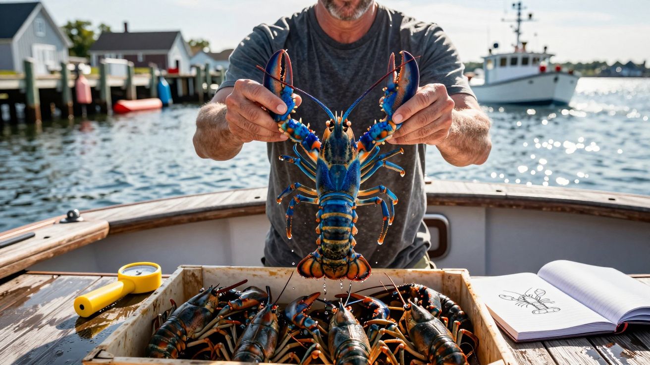 Mężczyzna trzyma dużego niebieskiego homara na tle łodzi i wody, w skrzyni więcej homarów.