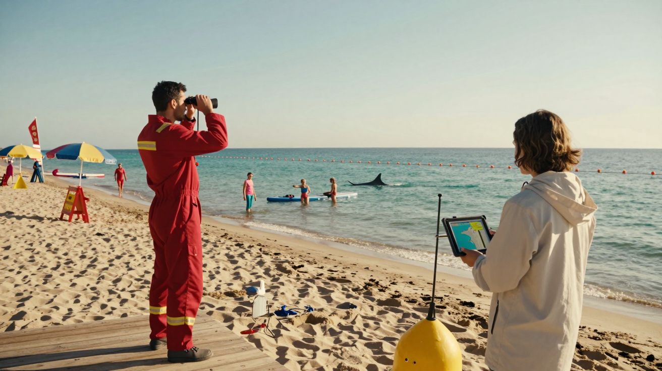 Ratownik w czerwonym kombinezonie obserwujący przez lornetkę plażę i ludzi na tle morza oraz osoby z tabletem.