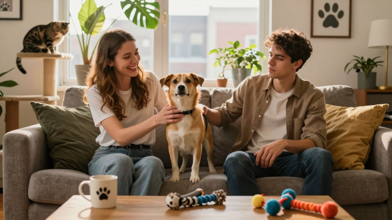 Młoda para siedzi na sofie i głaszcze psa, z kotem na drapaku i roślinami w tle.