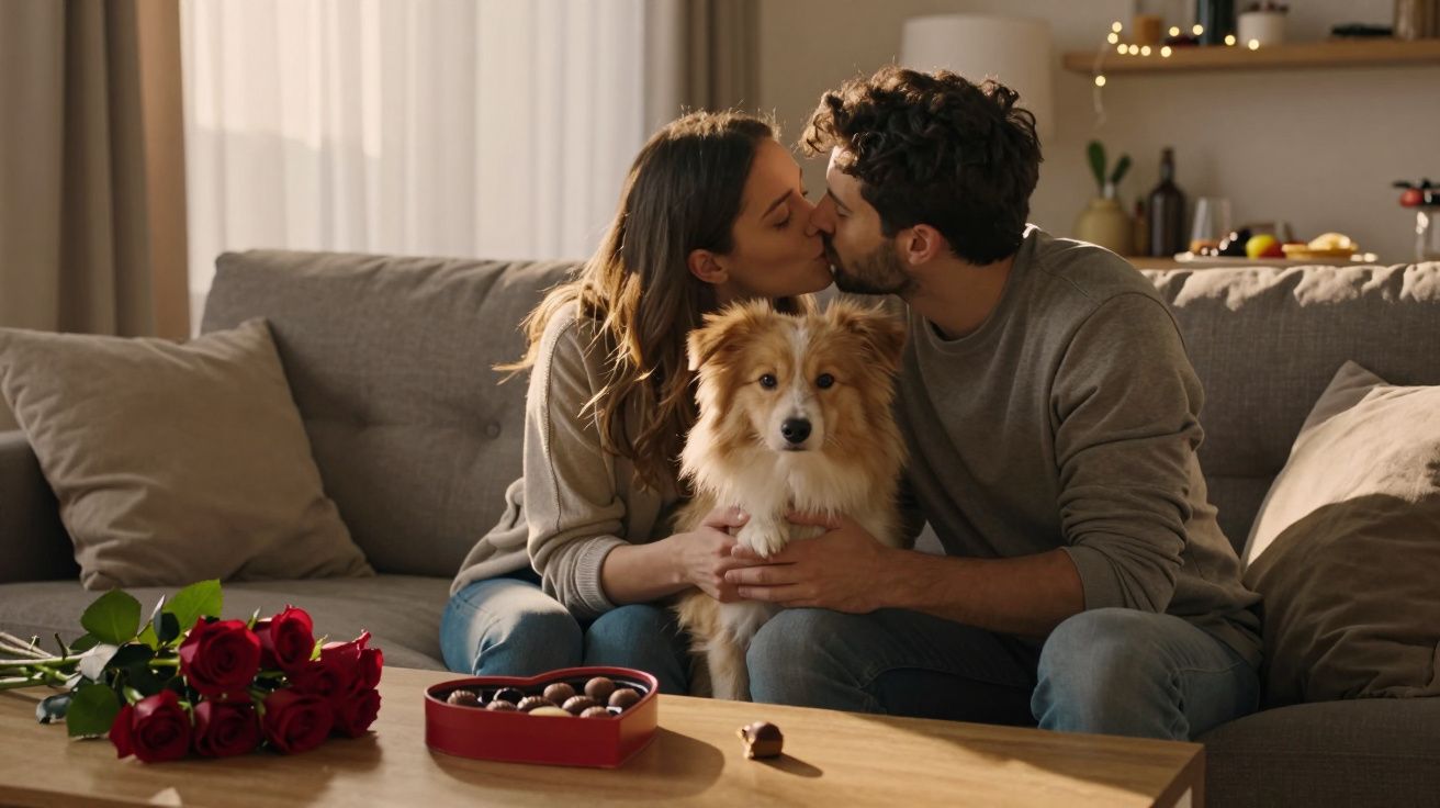Para całująca się na kanapie z psem, obok czerwone róże i pudełko czekoladek w kształcie serca.