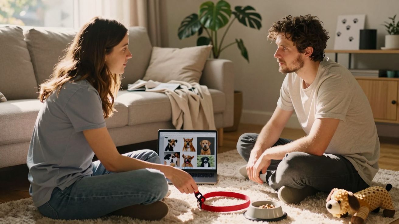 Para siedzi na dywanie, przeglądając na laptopie zdjęcia psów, z miską i zabawką obok nich.