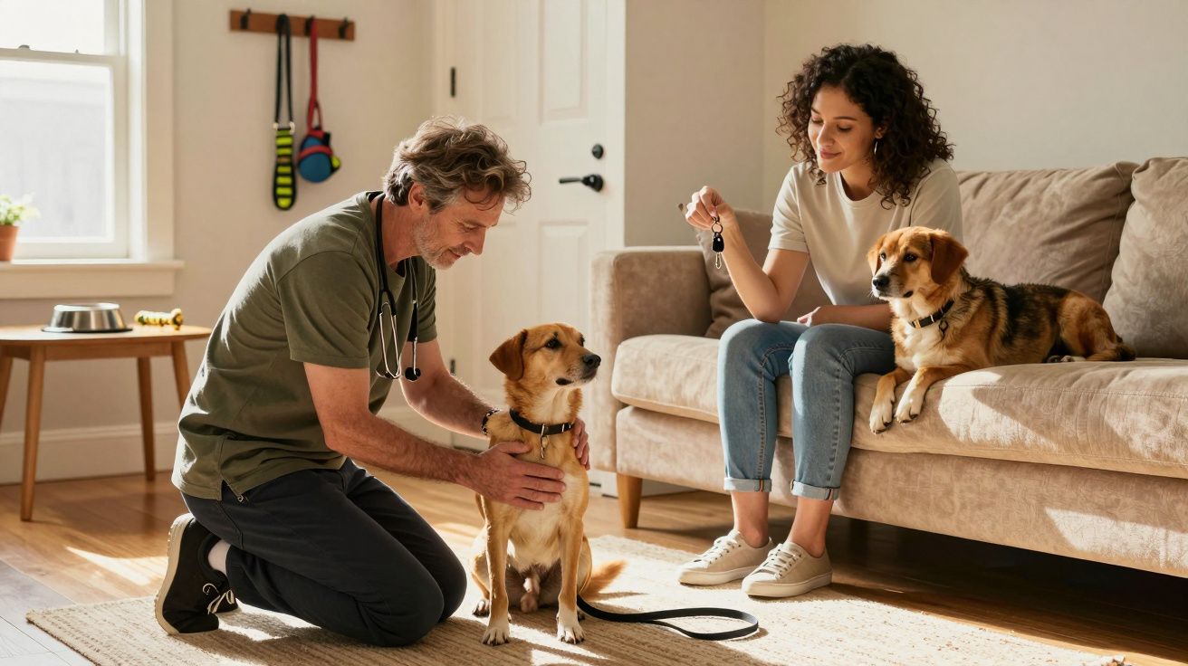 Weterynarz bada psa, a kobieta z kluczem siedzi na kanapie obok drugiego psa w jasnym salonie.