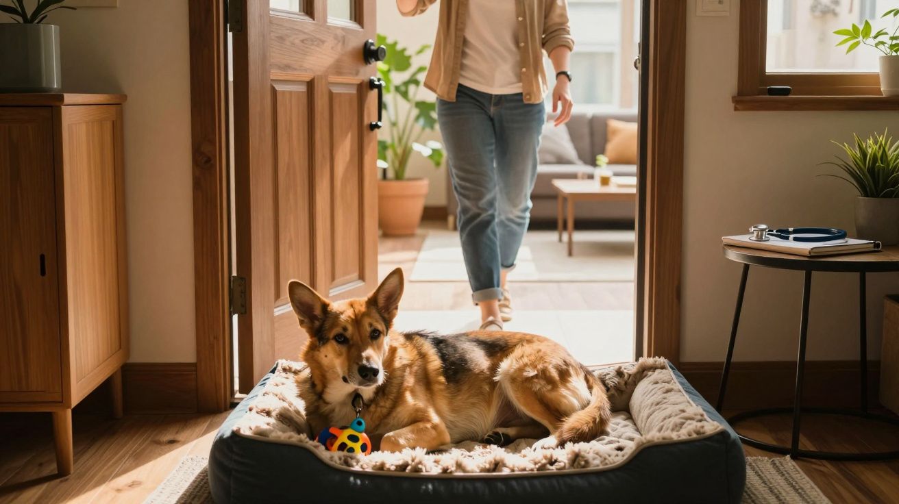 Pies rasy owczarek niemiecki leżący na legowisku w domu, za nim otwarte drzwi i wchodząca osoba.