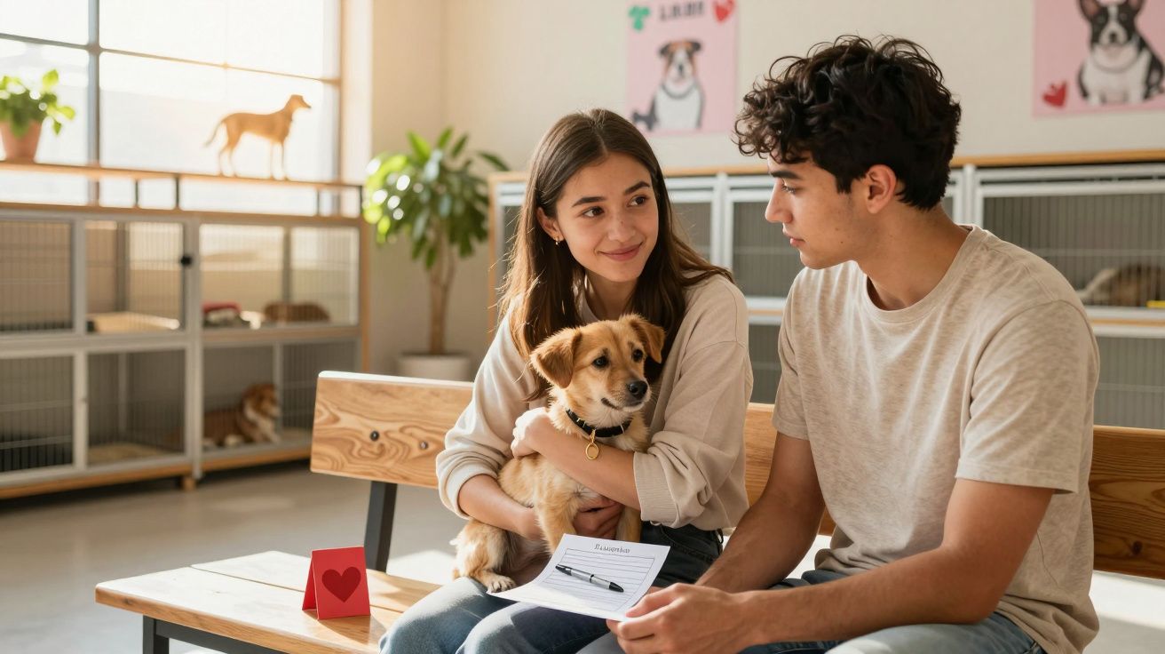 Para rozmawiająca podczas adopcji psa w schronisku, kobieta trzyma małego psa na kolanach.