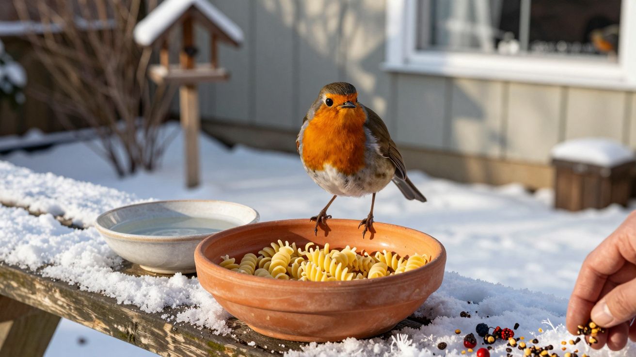 Rudzik stoi na misce z makaronem na śnieżnym stole, obok miska z wodą i ręka rozsypująca nasiona.