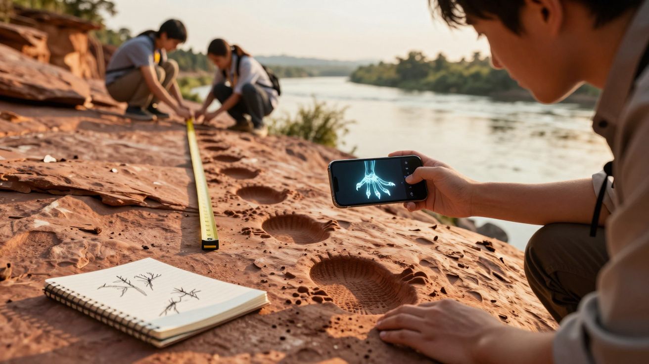 Młodzi naukowcy badający odciski stóp na skale przy rzece z pomocą miarki i smartfona.