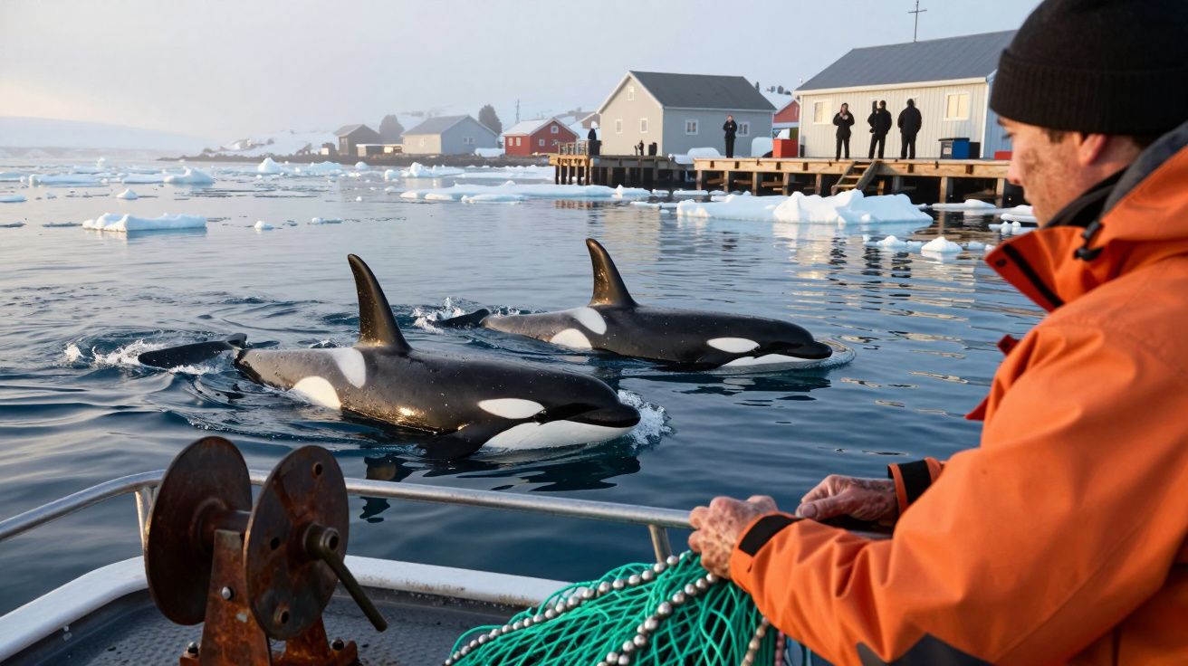 Mężczyzna na łodzi obserwuje trzy płynące orki w zimnych wodach przy lodowych krach i domach nad brzegiem.