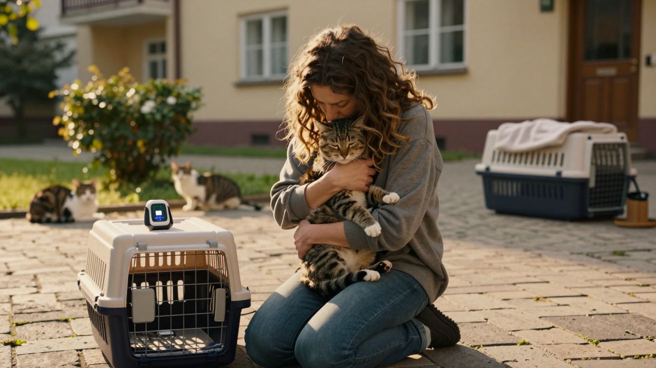 Kobieta przytula kota na tle transporterów i innych kotów na podwórku przed domem.
