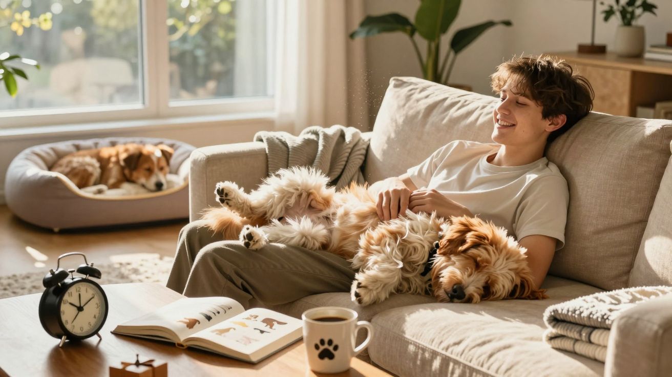 Chłopiec siedzi na kanapie z dużym psem na kolanach, obok śpi mniejszy pies w posłaniu.