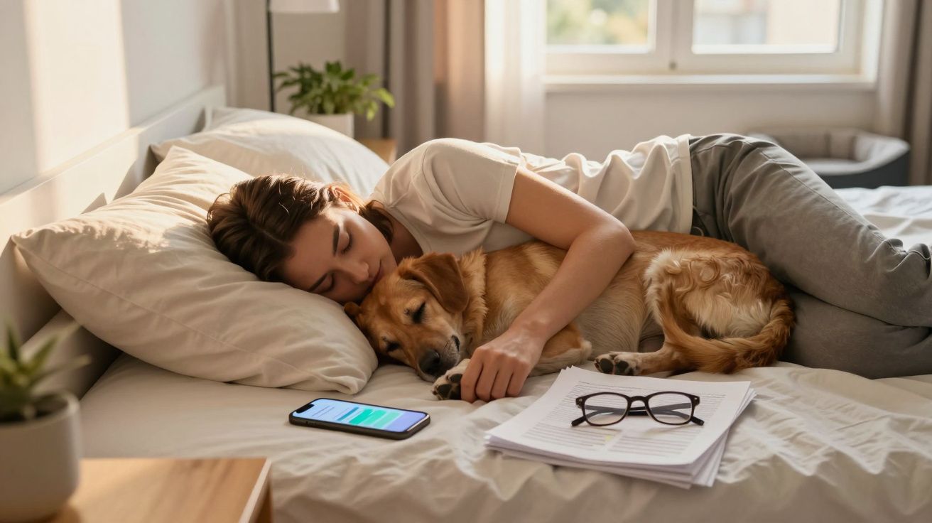 Młoda kobieta śpi na łóżku tuląc się do śpiącego psa, obok telefon i okulary na dokumentach.