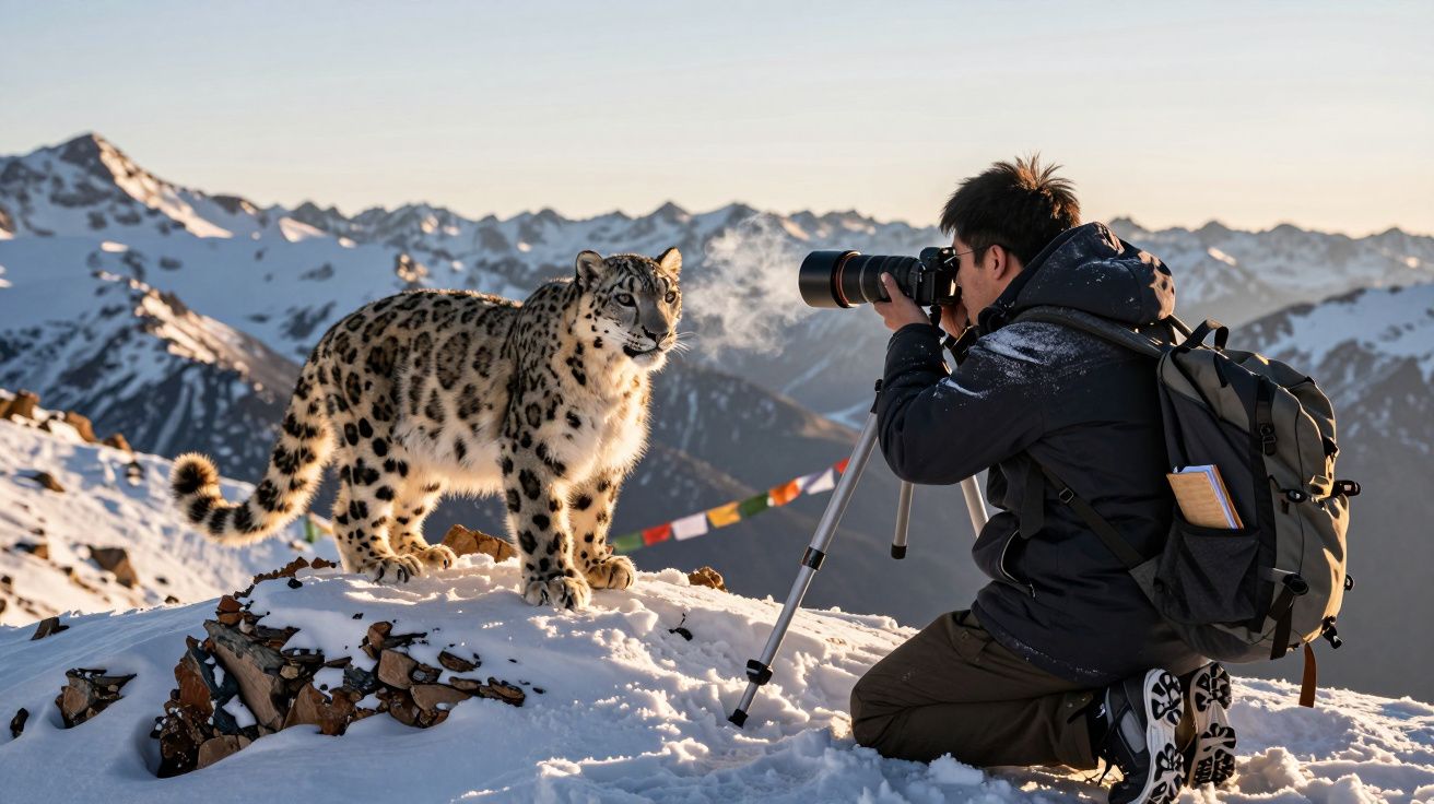 Fotograf na śnieżnej górze fotografuje śnieżnego lamparta, z którego widoczny jest oddech na zimnym powietrzu.