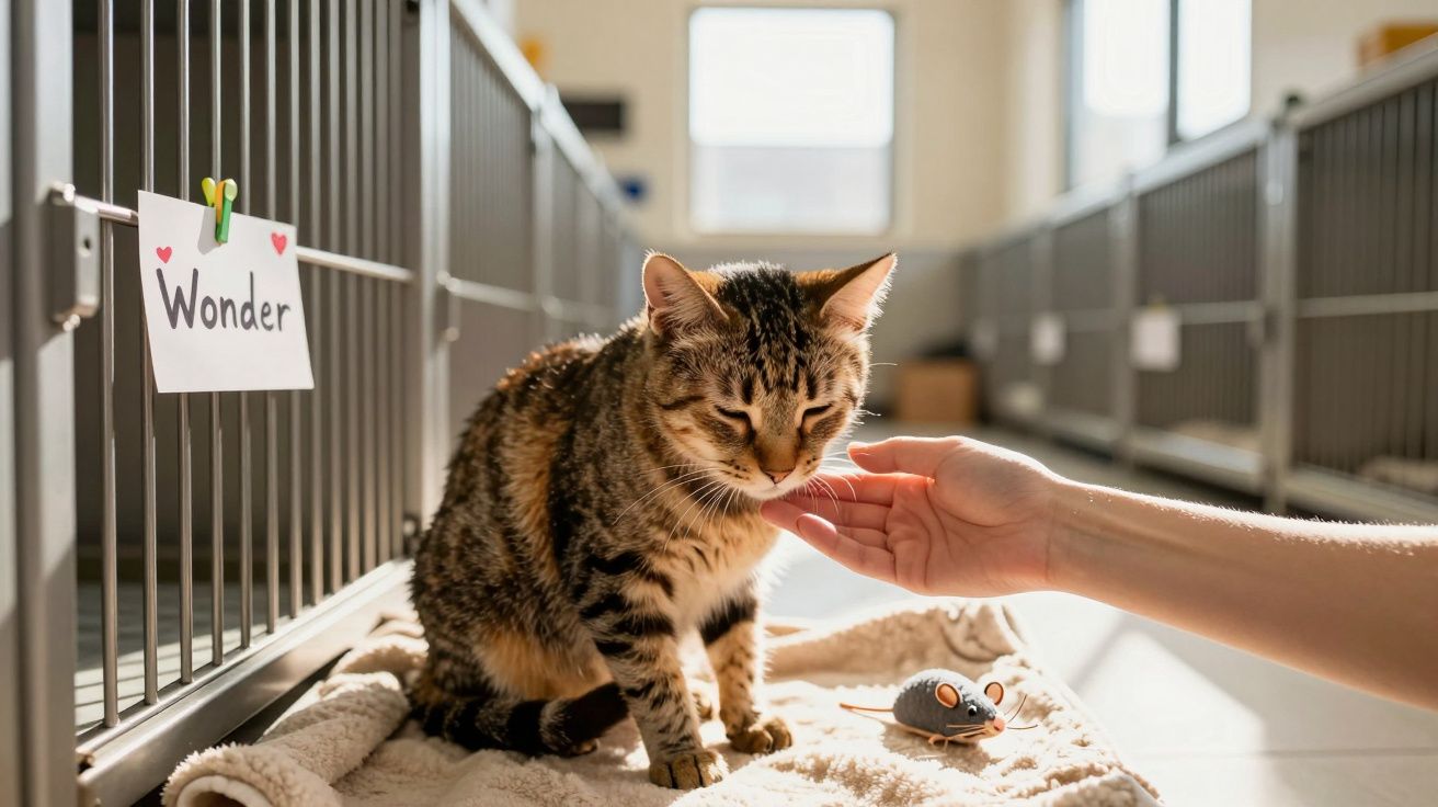 Kot siedzi na kocu w schronisku, a ręka delikatnie go głaszcze przy klatce oznaczonej nazwą Wonder.