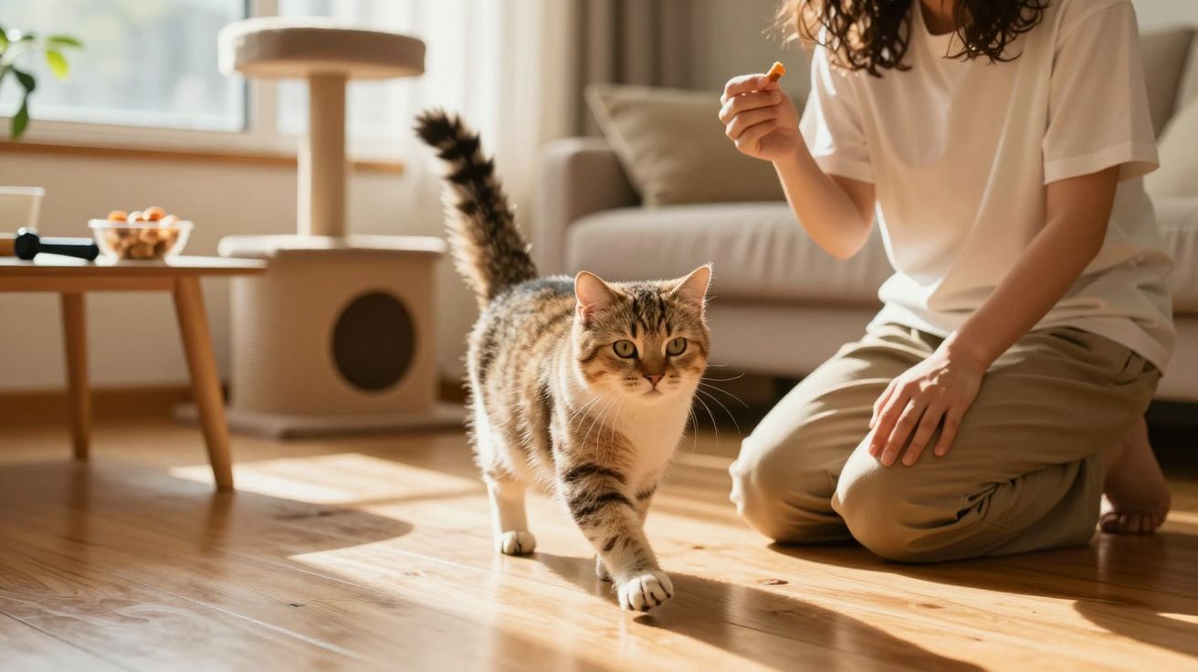 Kot idzie po drewnianej podłodze w stronę osoby klęczącej i trzymającej smakołyk w ręce.
