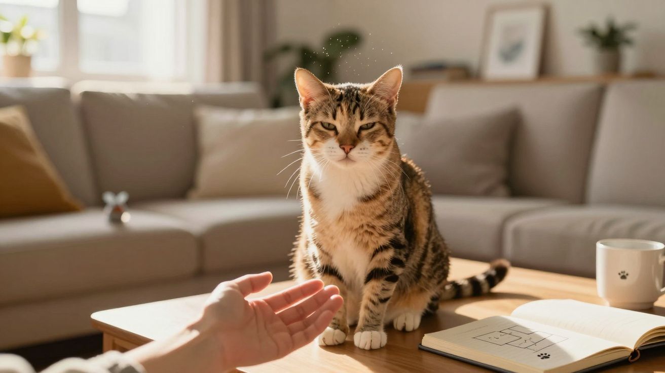 Kot siedzi na stole obok otwartego notesu, a wyciągnięta ręka próbuje go pogłaskać.