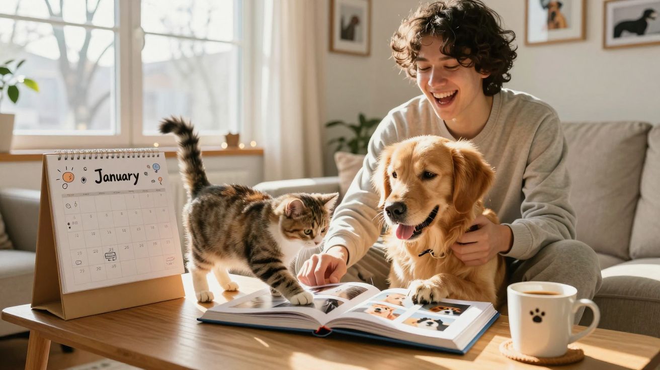 Młoda osoba czyta książkę o psach z psem i kotem przy stole w salonie, obok kalendarz i kubek.