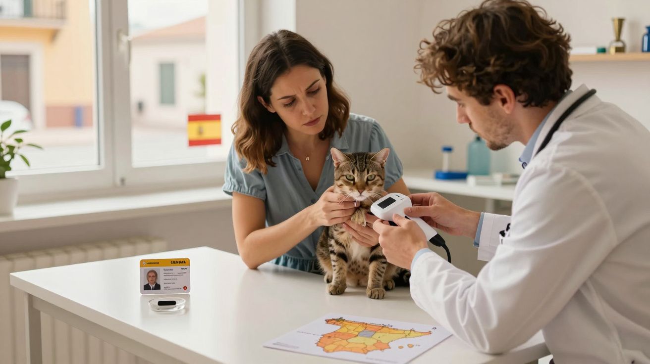 Weterynarz mierzy temperaturę kotu na stole z mapą i dowodem tożsamości obok.