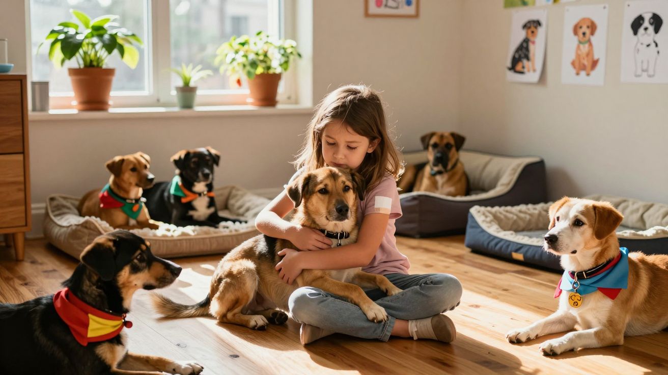 Dziewczynka siedzi na podłodze i przytula psa, wokół niej kilka innych psów w jasnym pokoju.