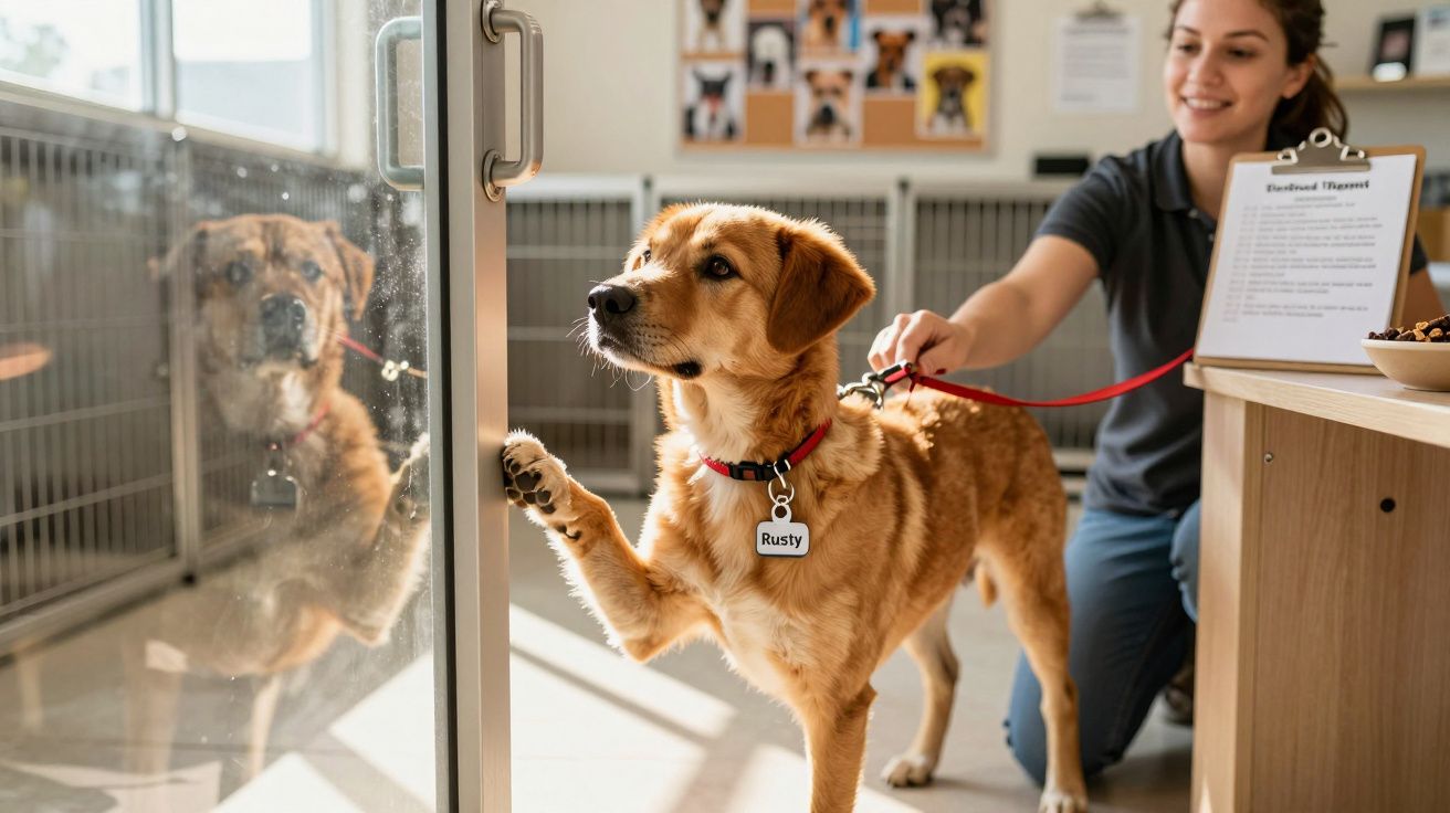 Pies z imieniem Rusty podnosi łapę do szklanych drzwi, obok klęczy uśmiechnięta kobieta z czerwoną smyczą.