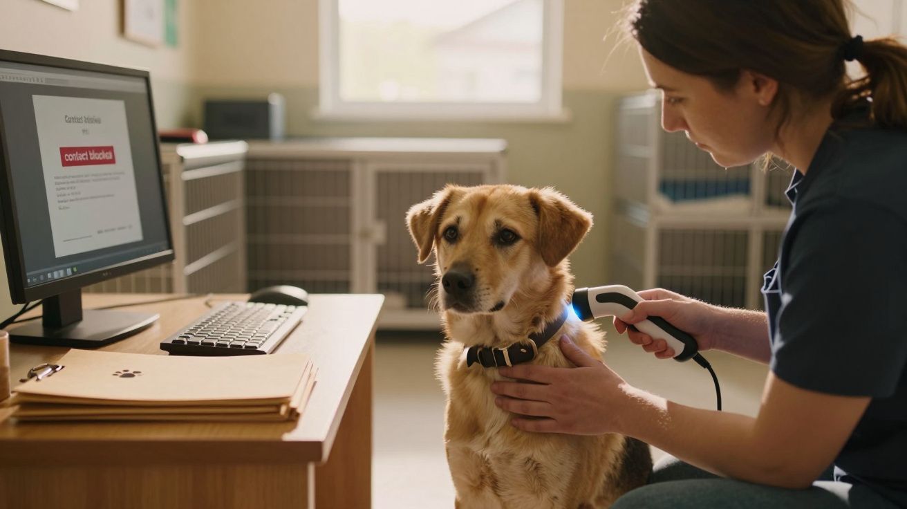Weterynarz skanuje mikroczip psa podczas badania w klinice weterynaryjnej.