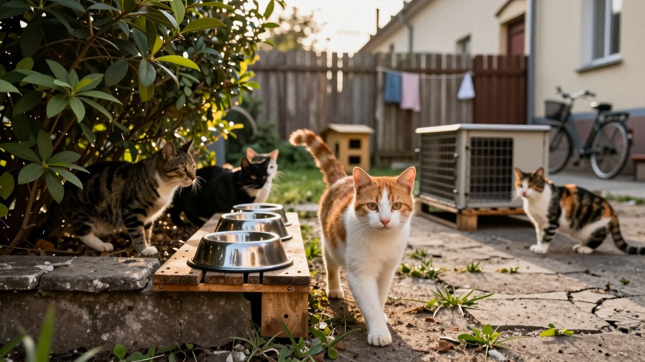 Cztery koty na podwórku przy miseczkach z jedzeniem na tle płotu i budynku mieszkalnego.