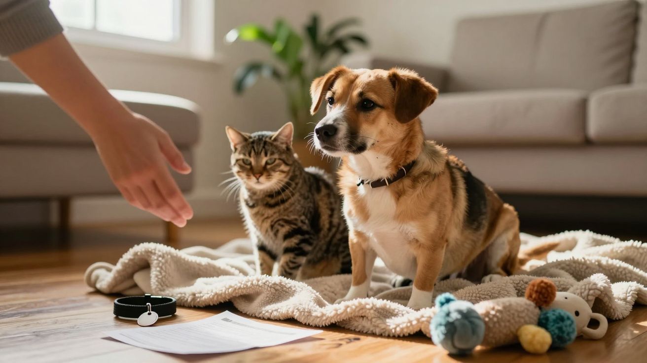 Pies i kot siedzą na kocu obok zabawek, ręka człowieka wyciągnięta w ich stronę w salonie.
